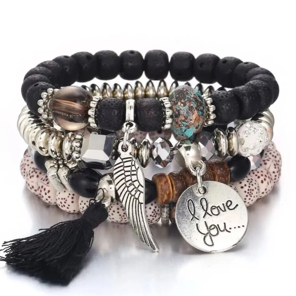 Beaded Bracelet Set Tassel Charms 4 Stretch Bracelet Set Black - Picture 1 of 11
